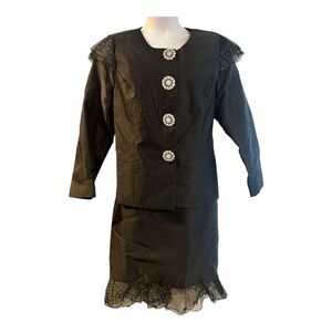 Midnight Velvet Formal Rhinestone Ruffle Skirt Set Elegant Wedding Church Suit